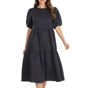 Everlane Dress Womens 4 Black Tiered Puff Sleeve Midi Casual Luxury Minimalist